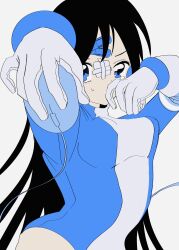 Rule 34 | 1girl, bandaid, bandaid on face, bandaid on forehead, black hair, blue eyes, blue leotard, breasts, cable, covered mouth, flat color, gauze, gauze on face, gloves, hands up, highres, holding, holding mouse (computer), leotard, long hair, long sleeves, looking at viewer, medium breasts, mouse (computer), original, simple background, solo, standing, straight hair, tears, upper body, urokogaran, white background, white gloves