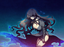 Rule 34 | 1girl, absurdres, black dress, blindfold, blonde hair, blue background, breasts, choker, cleavage, closed mouth, deep one (game), dress, floating hair, game cg, garter straps, gradient background, hand on own chest, highres, houmatsu yoruko, large breasts, legs, legs together, long hair, miniskirt, natsuhiko, original, simple background, skirt, solo, thighhighs, thighs