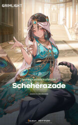 Rule 34 | 1girl, aqua gemstone, arabian clothes, artist request, barefoot, blue dress, blush, book, brown eyes, brown hair, circlet, commentary, dress, earrings, english commentary, english text, floating, floating book, floating object, grimlight, highres, jewelry, long hair, nail polish, official art, scheherazade (grimlight), sitting, smile, solo, toenail polish, toenails, very long hair, white veil