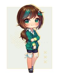 Rule 34 | 1girl, artist name, bike shorts, black footwear, black shorts, brown hair, cellphone, chibi, closed mouth, collared shirt, commentary, commission, crescent, crescent hair ornament, dress shirt, earbuds, earphones, english commentary, full body, green eyes, green hair, green jacket, hair ornament, hairclip, holding, holding phone, hyanna-natsu, jacket, long sleeves, looking at viewer, low ponytail, multicolored hair, original, phone, ponytail, shirt, shoes, short shorts, shorts, smile, solo, standing, streaked hair, watermark, white shirt