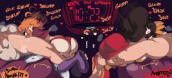 Rule 34 | 2boys, 2girls, afterimage, ashley (warioware), ass, black hair, captain kirb, clock, closed eyes, clothed female nude male, crossover, deepthroat, digital clock, dress, english text, fellatio, gloves, head out of frame, heart, hetero, highres, lying, motion blur, multiple boys, multiple girls, nintendo, nude, on back, oral, orange hair, panties, peacock (skullgirls), profile, purple footwear, red dress, red footwear, red panties, ress, saliva, short hair, sidelocks, skullgirls, sound effects, speech bubble, sweat, twintails, underwear, warioware, white gloves, witch
