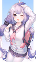 Rule 34 | 1girl, ahoge, anchor symbol, arm up, azur lane, backpack, bag, bag charm, black sailor collar, black scrunchie, black skirt, blush, cardigan, cellphone, character name, charm (object), commentary request, fingernails, hair ornament, hair scrunchie, highres, holding, holding phone, long hair, long sleeves, low twintails, neckerchief, pantyhose, paya (aejx2345), phone, pink neckerchief, pleated skirt, purple eyes, purple hair, sailor collar, scrunchie, shirt, skirt, solo, thigh gap, twintails, unicorn (long-awaited date) (azur lane), unicorn (azur lane), very long hair, white cardigan, white pantyhose, white shirt
