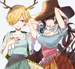Rule 34 | 2girls, antlers, arm up, arms up, bandana, black hair, black wings, blonde hair, blue shirt, blue skirt, blush, breasts, brown headwear, brown skirt, cleavage, collarbone, commentary request, cowboy hat, cowboy shot, dragon horns, dragon tail, feathered wings, fingernails, grey background, grin, hair over one eye, hair tie in mouth, hand in own hair, hand on own chest, hat, highres, horns, kicchou yachie, kurokoma saki, long hair, looking at another, medium breasts, miniskirt, mouth hold, multiple girls, nail polish, parted lips, pleated skirt, puffy short sleeves, puffy sleeves, red eyes, red nails, satoupote, sharp fingernails, shirt, short hair, short sleeves, simple background, skirt, smile, standing, tail, touhou, wings