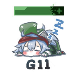 Rule 34 | 1girl, blush stickers, character name, chibi, chibi only, chinese commentary, closed eyes, coat, commentary request, g11 (girls&#039; frontline), girls&#039; frontline, green coat, green hat, grey hair, hair between eyes, hat, health bar, long hair, lying, on stomach, red footwear, simple background, sleeping, solo, su xiao jei, white background, zzz