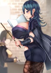 Rule 34 | 2girls, blue eyes, blue hair, book, breasts, byleth (female) (fire emblem), byleth (fire emblem), clothing cutout, covered erect nipples, faceless, faceless female, fire emblem, fire emblem: three houses, from side, highres, huge breasts, lace, lace-trimmed legwear, lace trim, pantyhose under shorts, medium hair, multiple girls, navel, navel cutout, nintendo, pantyhose, print pantyhose, shorts, solo focus, stick, teaching, tiamat (momokuri mannen)