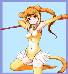 Rule 34 | 10s, 1girl, animal ears, armpits, bangle, blue background, bracelet, brown eyes, brown hair, elbow gloves, gloves, golden snub-nosed monkey (kemono friends), highres, holding, holding staff, jewelry, kemono friends, leg up, leotard, long hair, looking at viewer, monkey ears, monkey tail, mono (mono60), ponytail, smile, solo, staff, standing, standing on one leg, tail, thighhighs, yellow thighhighs