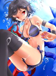 Rule 34 | 1girl, air bubble, asymmetrical wings, bikini, black hair, breasts, breath, bubble, blowing bubbles, freediving, gishu, holding breath, houjuu nue, large breasts, nail polish, pointy ears, red eyes, short hair, solo, striped bikini, striped clothes, swimsuit, thighhighs, touhou, underwater, wings