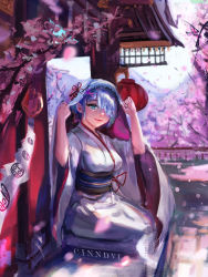 Rule 34 | 1girl, absurdres, blue eyes, breasts, cherry blossoms, cinndvl, commentary, commission, crying, english commentary, full body, hair over one eye, highres, japanese clothes, kimono, large breasts, looking at viewer, petals, re:zero kara hajimeru isekai seikatsu, rem (re:zero), sad smile, seiza, short hair, shrine, sitting, smile, solo, streaming tears, tears