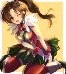 Rule 34 | 1girl, any813, breasts, brown eyes, brown hair, full body, gensou suikoden, gloves, green skirt, high ponytail, highres, long hair, looking at viewer, medium breasts, meg (suikoden), one eye closed, open mouth, ponytail, red thighhighs, skirt, smile, solo, thighhighs, white gloves, wink
