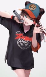 Rule 34 | 1girl, :d, animal ears, arknights, baseball cap, bear ears, black shirt, blue eyes, brown hair, cowboy shot, ears through headwear, hat, highres, holding, holding microphone, ink., long hair, looking at viewer, microphone, multicolored hair, open mouth, red hair, shirt, short sleeves, simple background, smile, solo, standing, streaked hair, v-shaped eyebrows, white background, wristband, zima (arknights)