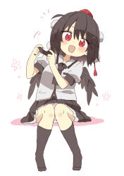 Rule 34 | 1girl, absurdres, black hair, black skirt, black socks, black wings, blush stickers, breasts, collared shirt, colored shadow, commentary request, controller, dress shirt, feathered wings, full body, game controller, hair between eyes, hands up, hat, highres, holding, leaning to the side, no shoes, panties, pink panties, pleated skirt, puffy short sleeves, puffy sleeves, red eyes, red hat, shadow, shameimaru aya, shirt, short sleeves, simple background, sitting, skirt, small breasts, socks, solo, tokin hat, totoharu (kujirai minato), touhou, underwear, upskirt, white background, white shirt, wings