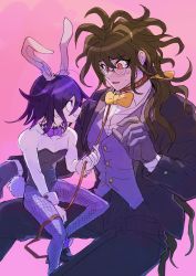 Rule 34 | 2boys, alternate costume, alternate hairstyle, animal ears, bare shoulders, black jacket, black leotard, black pants, bow, bowtie, brown hair, collarbone, collared shirt, commentary request, danganronpa (series), danganronpa v3: killing harmony, detached collar, glasses, gokuhara gonta, grin, hand up, highres, holding, holding leash, jacket, kumakoro (tetsupag), leash, leotard, long hair, long sleeves, looking at another, male playboy bunny, multiple boys, open clothes, open jacket, oma kokichi, pants, pantyhose, pink background, pink bow, pink bowtie, pink legwear, pink vest, ponytail, rabbit ears, rabbit tail, round eyewear, shirt, simple background, smile, tail, very long hair, vest, white shirt, wrist cuffs, yaoi, yellow bow, yellow bowtie