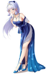 Rule 34 | 1girl, :d, anklet, arm behind back, ayaka (genshin impact), bare shoulders, blue bow, blue eyes, blue footwear, blue gemstone, blue hair, blue nails, blue theme, blunt bangs, blush, bow, breasts, cleavage, commentary, dealesis, dress, english commentary, eyelashes, floating hair, formal, full body, gem, genshin impact, gown, grey hair, hair bow, hair ornament, hair ribbon, hairband, hand up, high heels, highres, jewelry, leaning forward, long dress, long hair, looking at viewer, mole, mole under eye, nail polish, neck ring, neck tassel, necklace, off-shoulder dress, off shoulder, open mouth, ponytail, ribbon, side slit, sidelocks, simple background, smile, snowflake print, solo, spaghetti strap, standing, tassel, tress ribbon, white background