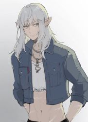 Rule 34 | 1boy, abs, alternate costume, arms behind back, artist name, blue jacket, buttons, chain, chain necklace, collarbone, commentary, contemporary, crop top, cropped jacket, ear piercing, elezen, elf, english commentary, estinien varlineau, expressionless, final fantasy, final fantasy xiv, grey eyes, grey hair, highres, jacket, jewelry, looking back, looking to the side, male focus, medium hair, midriff, milka (milk4ppl), necklace, piercing, pocket, pointy ears, scar, scar on arm, scar on chest, shirt, sideways glance, signature, simple background, solo, standing, toned, toned male, upper body, white background, white shirt