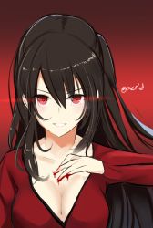Rule 34 | 1girl, black hair, blood, breasts, character request, cleavage, collarbone, floating hair, hair between eyes, highres, i.f.s.f, long hair, medium breasts, red background, red eyes, red shirt, shirt, smile, solo, upper body, very long hair