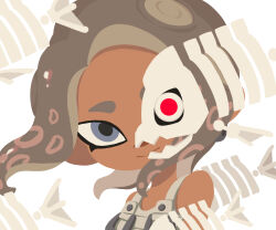 Rule 34 | 1girl, agent 8 (splatoon), bare shoulders, blue eyes, closed mouth, dark-skinned female, dark skin, fish skeleton, floating hair, grey hair, long hair, looking at viewer, medium hair, nintendo, no lineart, octoling, octoling girl, octoling player character, official style, red eyes, simple background, smile, solo, splatoon (series), splatoon 3, splatoon 3: side order, suction cups, tentacle hair, teo (teorekka), upper body, white background