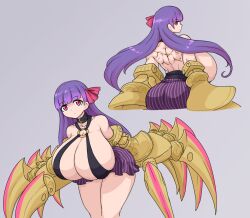 Rule 34 | 1girl, alternate muscle size, arched back, ass, back, bent over, blunt bangs, breasts, claw (weapon), claws, cleavage, collar, cropped legs, fate/extra, fate/extra ccc, fate (series), gigantic breasts, grey background, huge breasts, long hair, looking at viewer, muscular, muscular back, muscular female, o-ring, passionlip (fate), pink eyes, pink ribbon, purple hair, revealing clothes, ribbon, sheepapp, sideboob, simple background, weapon