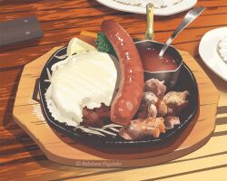 Rule 34 | artist name, commentary, dated commentary, english commentary, food, food focus, hamburger steak, meat, nabatame kazutaka, no humans, original, plate, sauce, sausage, spoon, still life, table