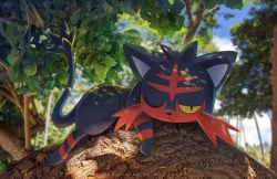 Rule 34 | animal focus, artist name, blue sky, blurry, blurry background, cat, cloud, colored sclera, commentary request, creatures (company), dappled sunlight, day, from side, full body, game freak, gen 7 pokemon, half-closed eye, highres, in tree, litten, looking to the side, lying, mei ford, nintendo, no humans, on stomach, one eye closed, outdoors, pokemon, pokemon (creature), red eyes, sky, solo, sunlight, tail raised, tree, watermark, yellow sclera