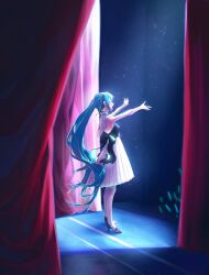 Rule 34 | 1girl, armband, audience, back bow, bare shoulders, black bow, black footwear, blue hair, bow, breasts, closed eyes, commentary, concert, detached collar, dress, english commentary, from behind, from side, glowstick, hairband, hands up, hatsune miku, high heels, highres, idol, indoors, long hair, medium breasts, miku symphony (vocaloid), music, open mouth, outstretched arms, pleated dress, red curtains, short dress, singing, solo focus, stage, stage lights, stiletto heels, strapless, strapless dress, thighhighs, twintails, very long hair, vocaloid, white dress, white thighhighs, zero808w