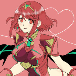Rule 34 | 1girl, :d, bob cut, breasts, circlet, earrings, jewelry, large breasts, looking at viewer, medium breasts, medium hair, open mouth, oto nagi, pink background, pyra (xenoblade), red hair, short sleeves, smile, solo, swept bangs, upper body, xenoblade chronicles (series), xenoblade chronicles 2