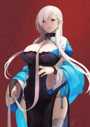 Rule 34 | 1girl, alternate costume, azur lane, bad id, bad pixiv id, belfast (azur lane), belfast (iridescent rosa) (azur lane), between breasts, black dress, black gloves, blue eyes, braid, breasts, cleavage, cleavage cutout, clothing cutout, collar, cowboy shot, dress, earrings, elbow gloves, from below, gloves, hayabusa (vert 320), highres, jewelry, large breasts, long hair, looking at viewer, nail polish, panties, parted lips, partially fingerless gloves, pelvic curtain, ring, side-tie panties, side braid, side slit, solo, standing, string panties, thigh gap, thighhighs, underwear, wedding ring, white hair, white thighhighs, wide sleeves, wristband