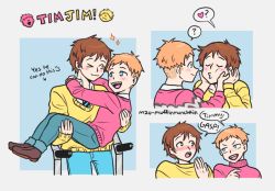 Rule 34 | 2boys, blush, braces, brown eyes, brown hair, carrying, crutch, closed eyes, face-to-face, hands on another&#039;s cheeks, hands on another&#039;s face, heart, jimmy valmer, male focus, multiple boys, mzu-muffinmunchkin, one eye closed, orange hair, princess carry, red sweater, shirt, short hair, south park, speech bubble, spoken heart, sweater, timmy burch, yaoi, yellow shirt