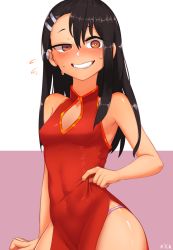 Rule 34 | 1girl, absurdres, bare arms, bare shoulders, black hair, blush, breasts, brown eyes, china dress, chinese clothes, cleavage cutout, clothing cutout, commentary, dark-skinned female, dark skin, dress, embarrassed, english commentary, fangs, grin, hair between eyes, hair ornament, hairclip, highres, ijiranaide nagatoro-san, long hair, looking at viewer, nagatoro hayase, nose blush, nyxkz, panties, panty peek, pink background, red dress, side slit, simple background, sleeveless, sleeveless dress, small breasts, smile, solo, sweat, teeth, two-tone background, underwear, uneven eyes, white background
