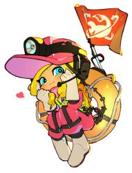 Rule 34 | 1girl, absurdres, blonde hair, blue eyes, boots, chain, closed mouth, drill hair, flag, full body, gloves, hands up, hard hat, heart, helmet, high-visibility vest, highres, inari1369, lifebuoy, long hair, microphone, nintendo, octoling, octoling girl, octoling player character, pink headwear, salmon run (splatoon), searchlight, simple background, smile, solo, splatoon (series), splatoon 3, swim ring, tentacle hair, white background, white footwear, white gloves