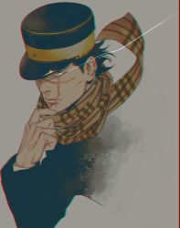 Rule 34 | 1boy, black hair, colored sclera, cropped torso, expressionless, facial scar, from above, glowing, glowing eye, golden kamuy, hat, highres, imperial japanese army, kepi, looking to the side, male focus, military hat, muted color, scar, scar on cheek, scar on face, scar on nose, short hair, simple background, solo, spiked hair, sugimoto saichi, w55674570w, yellow eyes, yellow sclera