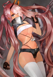 Rule 34 | 1girl, ahoge, azur lane, bandeau, black gloves, black shorts, blue eyes, breasts, commentary request, covered mouth, cowboy shot, dark-skinned female, dark skin, eyes visible through hair, gloves, hair between eyes, heart, heart ahoge, heterochromia, horns, indianapolis (azur lane), large breasts, long hair, looking at viewer, mechanical horns, micro shorts, partially fingerless gloves, pink hair, remo (iwashy), shorts, solo, thighhighs, turtleneck, twintails, underboob, very long hair, white bandeau, white thighhighs, yellow eyes