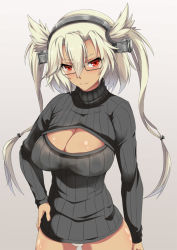 Rule 34 | 10s, 1girl, black-framed eyewear, blonde hair, blush, breasts, cleavage, cleavage cutout, clothing cutout, cowboy shot, dark skin, dark-skinned female, glasses, hand on own hip, headgear, huge breasts, inoshira, kantai collection, large breasts, long hair, looking at viewer, meme attire, musashi (kancolle), open-chest sweater, panties, pantyshot, pointy hair, red eyes, ribbed sweater, semi-rimless eyewear, solo, sweater, turtleneck, twintails, two side up, under-rim eyewear, underwear