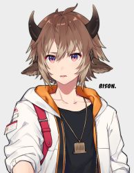 Rule 34 | 1boy, ahoge, anchun (quail0503), animal ears, arknights, bishounen, bison (arknights), black shirt, brown eyes, brown hair, character name, cow boy, cow ears, cow horns, grey background, hair between eyes, hair ornament, highres, horns, id card, jacket, jewelry, male focus, necklace, open clothes, open jacket, parted lips, shirt, short hair, simple background, sleeves rolled up, solo, upper body, white jacket
