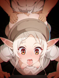 Rule 34 | 1boy, 1girl, ass, breasts, brown headwear, downblouse, elf, hetero, highres, mushoku tensei, nipples, orange eyes, pointy ears, rbx lamen, sex, sex from behind, shirt, short hair with long locks, small breasts, solo focus, sweat, sylphiette (mushoku tensei), tongue, tongue out, white hair, white shirt, wide-eyed