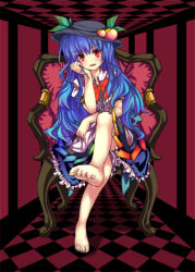 Rule 34 | 1girl, barefoot, blue hair, chair, checkered floor, dripping, enone, feet, female focus, food, fruit, hat, head rest, hinanawi tenshi, crossed legs, long hair, peach, red eyes, sitting, solo, toes, touhou, vanishing point