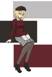 Rule 34 | 10s, 1girl, ankle boots, arm support, bag, beret, bespectacled, black footwear, black hat, black pantyhose, blonde hair, blue eyes, boots, chinese text, closed mouth, commentary request, dress shirt, full body, girls und panzer, glasses, grey skirt, handbag, hat, high heel boots, high heels, highres, holding, invisible chair, light frown, long sleeves, looking to the side, medium hair, medium skirt, oshida (girls und panzer), pantyhose, plaid, plaid skirt, red-framed eyewear, red sweater, ribbed sweater, scatter, shirt, sitting, skirt, solo, sweater, white shirt, wing collar