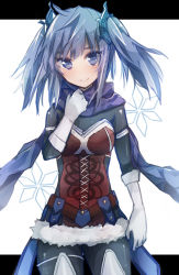 Rule 34 | 1girl, ahoge, blue eyes, blue hair, blush, breasts, dance princess of the ice barrier, duel monster, gloves, hair ornament, looking at viewer, matching hair/eyes, purple scarf, scarf, simple background, smile, solo, tare nu (usesase), twintails, white background, white gloves, yu-gi-oh!