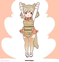 Rule 34 | 1girl, animal ears, apron, arms up, bow, bowtie, coroha, extra ears, full body, grey hair, jumping, kemono friends, kemono friends 3, looking at viewer, pink background, shirt, shoes, short hair, simple background, skirt, solo, tail, thighhighs, thylacine (kemono friends)