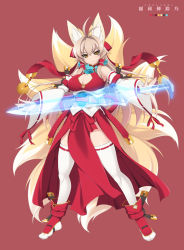 Rule 34 | 1girl, animal ears, antenna hair, bad id, bad pixiv id, bell, blonde hair, breasts, bridal gauntlets, cleavage, cleavage cutout, clothing cutout, detached sleeves, fox ears, fox tail, highres, jingle bell, large breasts, long hair, looking at viewer, mel/a, multiple tails, orange eyes, original, outstretched arms, simple background, solo, spread arms, sword, tabi, tail, thighhighs, tsurime, weapon, white thighhighs, yellow eyes