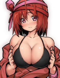 Rule 34 | 1girl, bare shoulders, bikini, black bikini, blush, breasts, chocolate cosmos (flower knight girl), commentary request, flower knight girl, hair ribbon, highres, kintarou (kintarou&#039;s room), large breasts, long sleeves, looking at viewer, medium hair, off shoulder, red eyes, red hair, ribbon, solo, swimsuit, upper body
