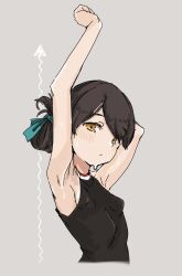 Rule 34 | 1girl, alakoala, arm up, armpits, arrow (symbol), black hair, black leotard, blush, breasts, closed mouth, cropped torso, folded ponytail, grey background, highres, kantai collection, kasuga maru (kancolle), leotard, short hair, sideboob, simple background, sketch, small breasts, solo, upper body, yellow eyes