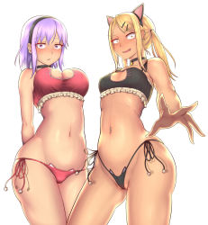 Rule 34 | 10s, 2girls, alternate costume, animal ears, arms behind back, bell, black panties, blonde hair, blush, breasts, cameltoe, cat cutout, cat ear panties, cat ears, cat lingerie, choker, cleavage, cleavage cutout, cleft of venus, clothing cutout, cowboy shot, dagashi kashi, ear piercing, earrings, endou saya, eyebrows, fake animal ears, fang, frills, groin, hair ornament, hairband, hairclip, highres, jewelry, jingle bell, large breasts, long hair, looking at viewer, meme attire, multiple girls, navel, navel piercing, neck bell, nikuku (kazedesune), open mouth, panties, partially visible vulva, paw print, piercing, purple eyes, purple hair, reaching, red panties, shidare hotaru, side-tie panties, simple background, skindentation, small breasts, stomach, string panties, swept bangs, twintails, underwear, underwear only, white background, yellow eyes