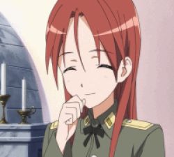 Rule 34 | 1girl, animated, animated gif, closed eyes, laughing, lowres, military, minna-dietlinde wilcke, red hair, ribbon, screencap, solo, strike witches, uniform, world witches series