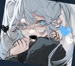 Rule 34 | 1girl, black shirt, blue eyes, commentary, diamond-shaped pupils, diamond (shape), glasses, hair between eyes, hatsune miku, heart, highres, kajiwara 3, long hair, long sleeves, looking at viewer, open mouth, shirt, solo, symbol-shaped pupils, teeth, twintails, upper body, vocaloid, white hair