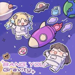 Rule 34 | 2girls, ^ ^, alien, blanket, blonde hair, blue hair, blush stickers, brown hair, chibi, closed eyes, commentary, earth (planet), english text, fang, floating, flower, fujishima megumi, futon, gradient hair, hair flower, hair ornament, highres, jupiter (planet), lifebuoy, light blue hair, link! like! love live!, long hair, love live!, mira-cra park!, mr frog716, multicolored hair, multiple girls, open mouth, osawa rurino, outline, parted bangs, pink flower, planet, planetary ring, rocket, saturn (planet), skin fang, smile, song name, space, spacesuit, star (sky), swim ring, twintails, two side up, ufo, virtual youtuber, white flower, white outline