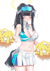 Rule 34 | 1girl, absurdres, animal ears, black hair, blue archive, blue eyes, blue skirt, breasts, cheerleader, cowboy shot, crop top, dog ears, dog girl, dog tail, eyewear on head, goggles, goggles on head, halo, hibiki (blue archive), hibiki (cheer squad) (blue archive), highres, holding, holding pom poms, kirin3145, large breasts, millennium cheerleader outfit (blue archive), miniskirt, multicolored clothes, multicolored skirt, navel, official alternate costume, pleated skirt, pom pom (cheerleading), pom poms, simple background, skirt, solo, standing, sticker on arm, sticker on face, tail, twintails, white background, white skirt