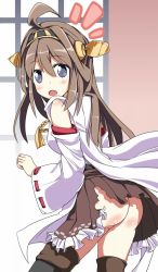 Rule 34 | 10s, 1girl, ass, bad id, bad pixiv id, bare shoulders, blush, boots, breasts, brown hair, detached sleeves, double bun, hair ornament, hairband, headgear, japanese clothes, kantai collection, kongou (kancolle), long hair, looking at viewer, looking back, nontraditional miko, open mouth, personification, skirt, solo, tantan men (dragon), thigh boots, thighhighs, torn clothes