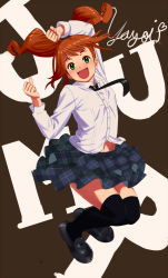 Rule 34 | 10s, 1girl, :d, arm up, black thighhighs, brown hair, clenched hand, female focus, full body, green eyes, idolmaster, idolmaster (classic), idolmaster 2, loafers, navel, necktie, open mouth, over-kneehighs, pettan p, plaid, school uniform, shoes, skirt, smile, solo, takatsuki yayoi, thighhighs, twintails