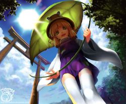 Rule 34 | 1girl, blonde hair, cloud, day, from below, green eyes, hair ribbon, hat, highres, leaf umbrella, looking at viewer, looking down, moriya suwako, open mouth, pocketbee, revision, ribbon, short hair, signature, sky, sleeves past wrists, smile, solo, standing, sun, sunlight, thighhighs, torii, touhou, turtleneck, watermark, web address, white thighhighs, wide sleeves, zettai ryouiki