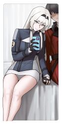 Rule 34 | 1boy, 1girl, absurdres, an-94 (girls&#039; frontline), aqua eyes, bare legs, black gloves, black hairband, cellphone, commander (girls&#039; frontline), commentary, cropped legs, emile aoi, english commentary, feet out of frame, girls&#039; frontline, gloves, griffin &amp; kryuger military uniform, hairband, highres, holding, holding hands, holding phone, legs, long hair, looking at viewer, no eyes, phone, selfie, shaded face, sitting, smartphone, smile, white hair